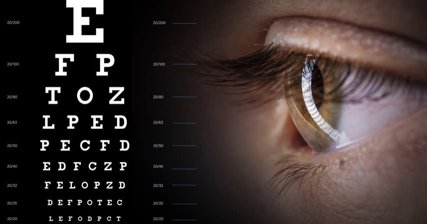 Close up occhio affiancato da lettere utilizzate per controllo acuità visiva