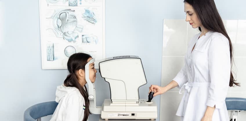 Oculista che esegue tonometria su bambina per rilevare patologie oculari