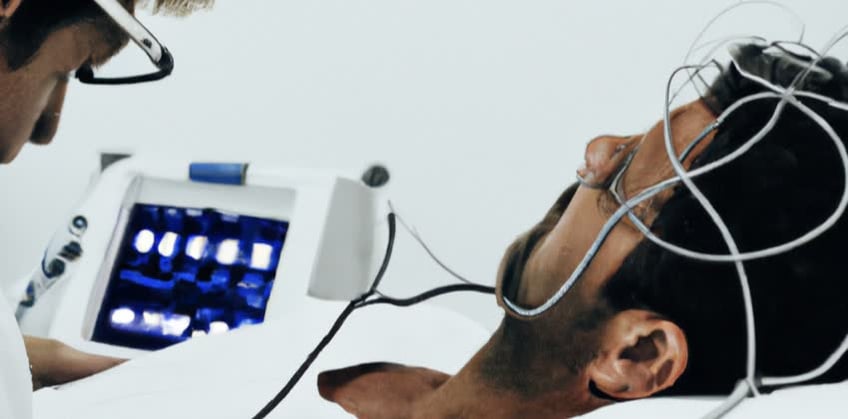 Foto di paziente con elettrodi sulla testa a cui viene effettuato un esame di elettroneurografia per verificare problematiche nervose