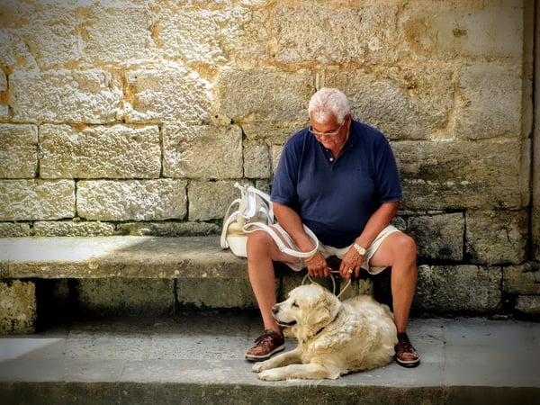 Uomo anziano seduto su una panchina con cane al guinzaglio